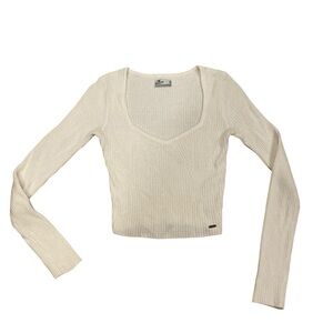 Hollister rib knit crop top long sleeve sweetheart beige Sz XS